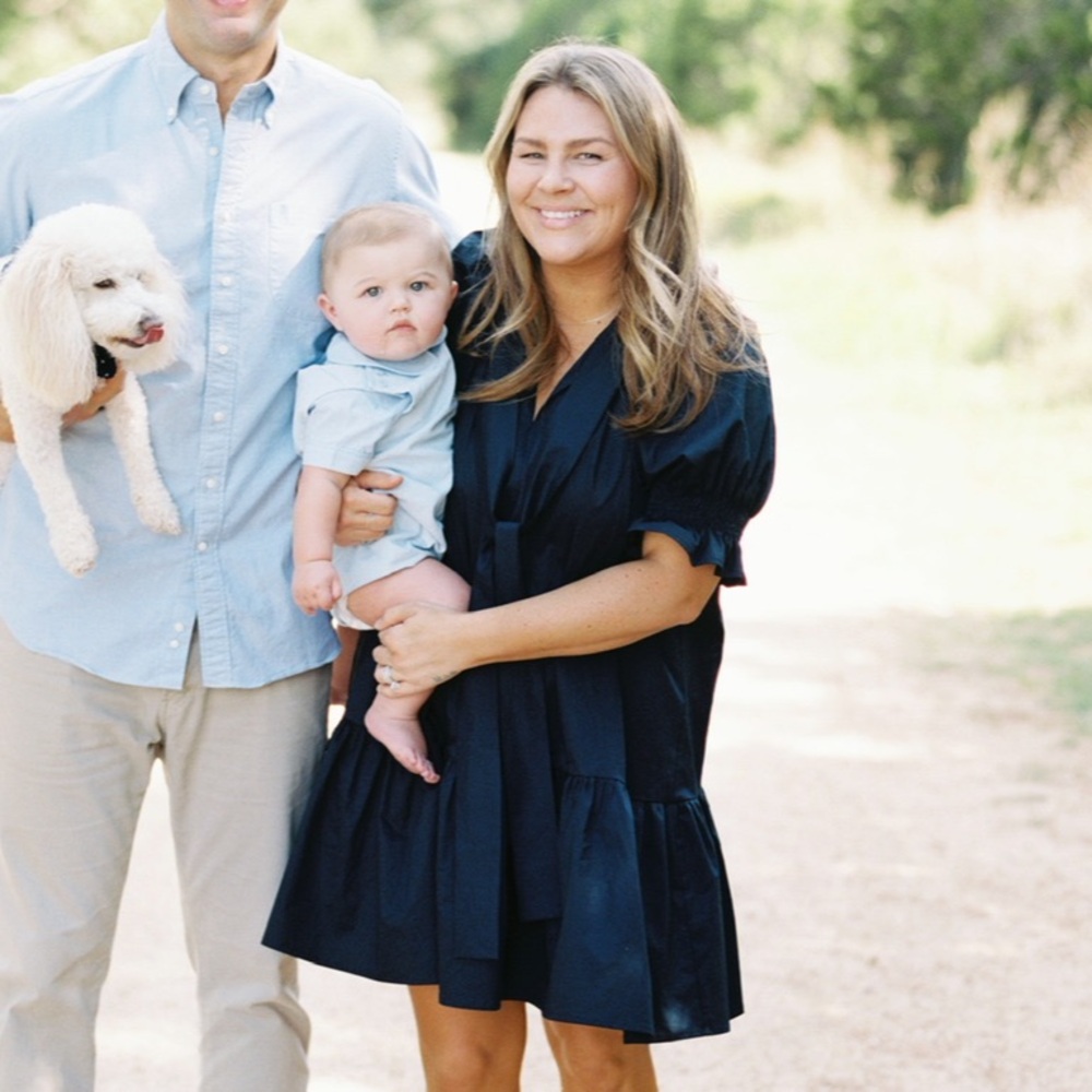 MONICA NERA Navy Puff-Sleeve Tiered Short Dress